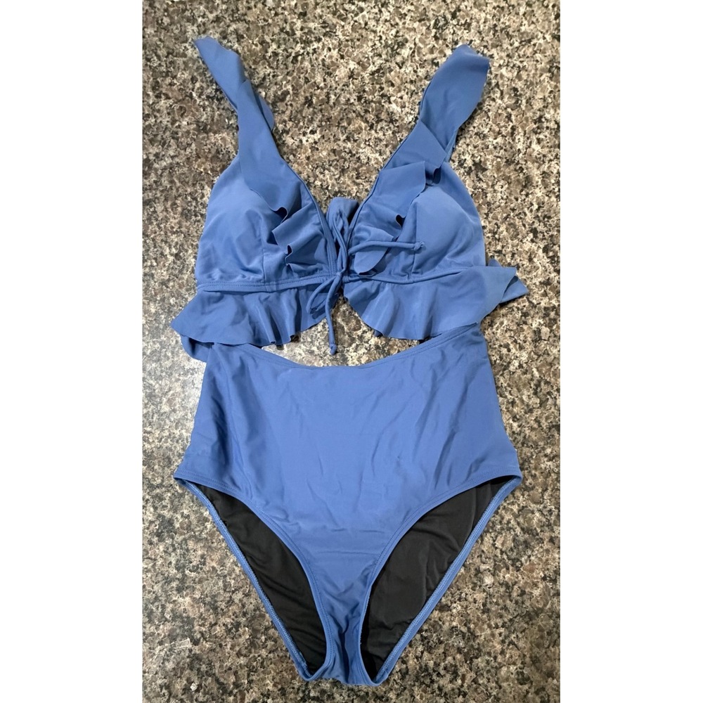 Blue Ruffled Cutout One Piece Swimsuit UPF 50+ High Waisted Monokini Large